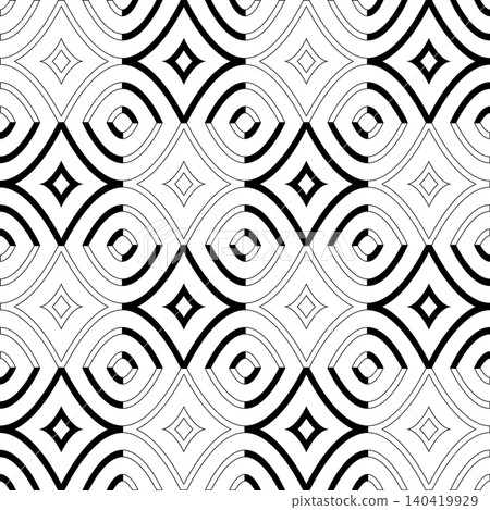 Monochrome optical illusion geometric background with repeating curved shapes and rhombuses 140419929