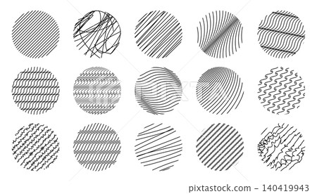 Minimalist black and white circular graphic elements featuring varied digital line patterns 140419943