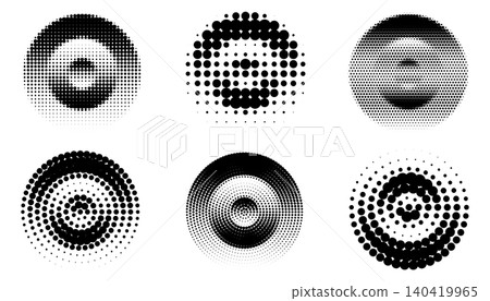 Set of six circular halftone dot patterns isolated on white background Set of six circular halftone dot patterns isolated on white background 140419965