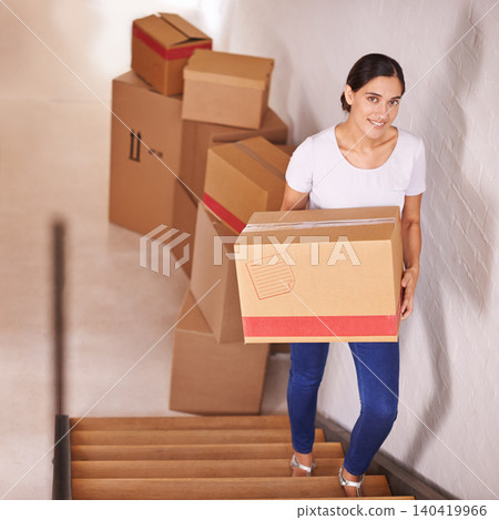 Portrait, smile and woman with boxes for moving, real estate and new home by stairs. Happy person, cardboard and relocation to property at steps in house, apartment and loan for mortgage of owner Portrait, smile and woman with boxes for moving, real estate and new home by stairs. Happy person, cardboard and relocation to property at steps in house, apartment and loan for mortgage of owner 140419966