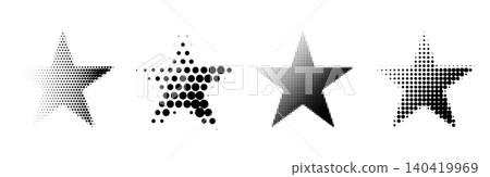 Four distinct black star silhouettes featuring dotted halftone patterns isolated on white Four distinct black star silhouettes featuring dotted halftone patterns isolated on white 140419969