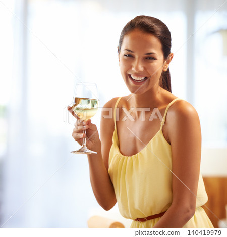 Happy, portrait and woman with glass of wine at home for celebration, toast or success at home. Smile, achievement and portrait of female person drinking champagne or alcohol in modern apartment. 140419979