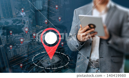 Man using digital tablet to check taxi route on travel map in city area 140419980