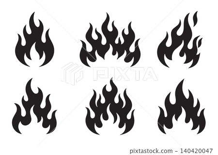 Black flame shapes and fire silhouettes collection isolated on white backdrop Black flame shapes and fire silhouettes collection isolated on white backdrop 140420047
