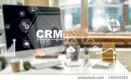 CRM software tools for managing customer relationships at a modern office workstation CRM software tools for managing customer relationships at a modern office workstation 140420163