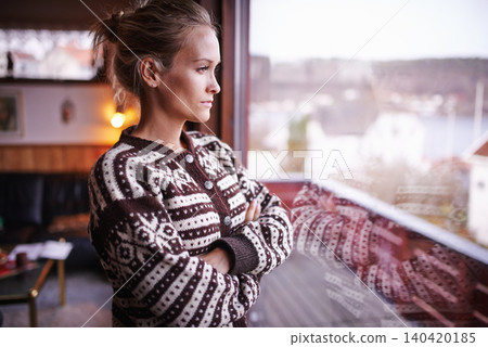 Confident, woman or window with vision for thinking, planning or ideas for future in Stockholm. Thoughtful, female person and arms crossed for contemplation of questions, solutions and problems 140420185