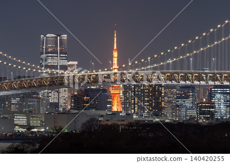 Night view of Rainbow Bridge and Tokyo Tower from Odaiba Night view of Rainbow Bridge and Tokyo Tower from Odaiba 140420255