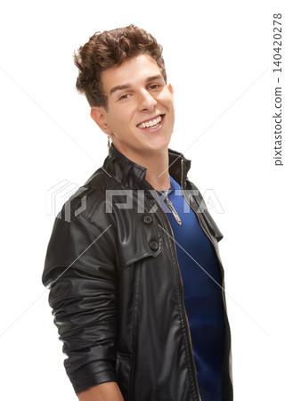 Happy man, portrait and fashion with leather jacket or cool clothing on a white studio background. Attractive male person, young punk or handsome dude with smile for casual outfit, jewelry or style Happy man, portrait and fashion with leather jacket or cool clothing on a white studio background. Attractive male person, young punk or handsome dude with smile for casual outfit, jewelry or style 140420278