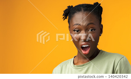 Person shows a strong reaction with an open mouth against a bright orange background Person shows a strong reaction with an open mouth against a bright orange background 140420342