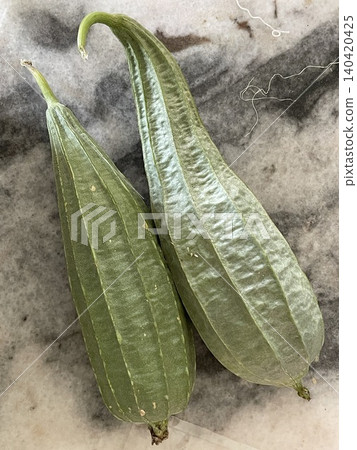 Fresh Ridged Gourd Luffa Acutangula On Marble Table Surface Fresh Ridged Gourd Luffa Acutangula On Marble Table Surface 140420425