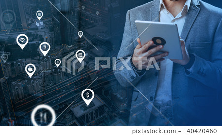 Map showing travel taxi route and points of interest in city for busy traveler using tablet 140420460
