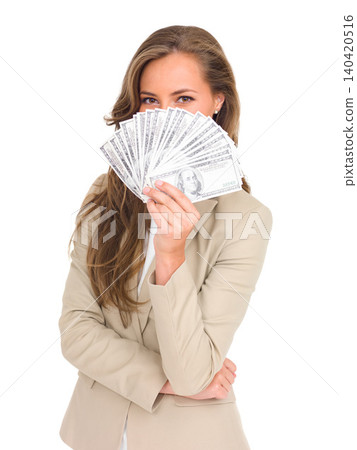 Cash, fan and woman hide face with money on studio, white background and lottery mockup. Professional, person and dollars in hand from giveaway, profit or savings from financial success or investment 140420516