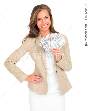 Cash, fan and portrait of woman with money on studio, white background and lottery mockup. Professional, person and investing dollars in hand from giveaway, profit or savings from financial success 140420523