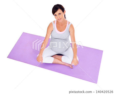 Pregnant, woman and portrait with yoga mat for wellness, exercise and pilates in isolated white background. Pregnancy, fitness pad and face of model in studio for health, workout and prenatal care. Pregnant, woman and portrait with yoga mat for wellness, exercise and pilates in isolated white background. Pregnancy, fitness pad and face of model in studio for health, workout and prenatal care. 140420526
