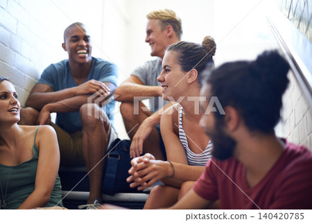 Group, stairs and students with conversation, brainstorming and relaxing with education and friends. Men, women and people with diversity and knowledge with planning and college with lunch break 140420785