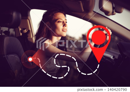 Travel route map showing taxi route while a woman drives in a car Travel route map showing taxi route while a woman drives in a car 140420790