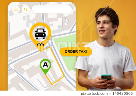 Taxi location map shows rider ready to order taxi service in urban area at daytime Taxi location map shows rider ready to order taxi service in urban area at daytime 140420806