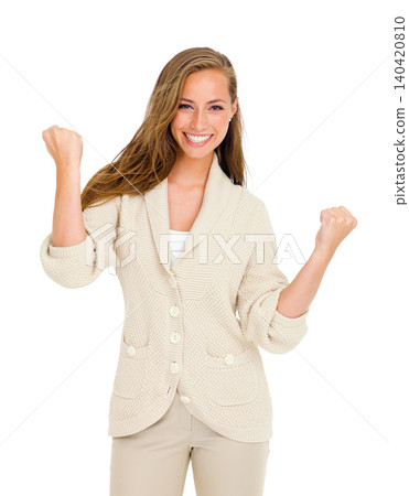 Success, portrait or happy business woman with winner fist celebration in studio for good news on white background. Goals, face or entrepreneur with yes hand emoji for startup, loan or sale milestone Success, portrait or happy business woman with winner fist celebration in studio for good news on white background. Goals, face or entrepreneur with yes hand emoji for startup, loan or sale milestone 140420810