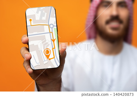 Smartphone shows taxi route on map with travel details and location information Smartphone shows taxi route on map with travel details and location information 140420873