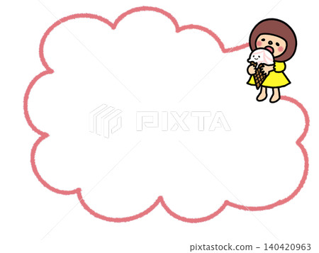 插圖框、對話框和備忘錄,描繪了一個可愛的、蓬鬆的波波頭女孩拿著一個大冰淇淋甜筒。 插圖框、對話框和備忘錄,描繪了一個可愛的、蓬鬆的波波頭女孩拿著一個大冰淇淋甜筒。 140420963