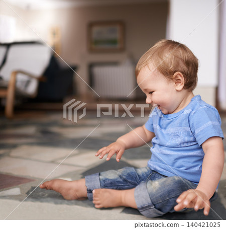 Growth, development and childhood for toddler in lounge for play and curiosity on floor. Baby, infant or kid at home with smiles and sitting with laugh and happiness for adorable and indoors Growth, development and childhood for toddler in lounge for play and curiosity on floor. Baby, infant or kid at home with smiles and sitting with laugh and happiness for adorable and indoors 140421025
