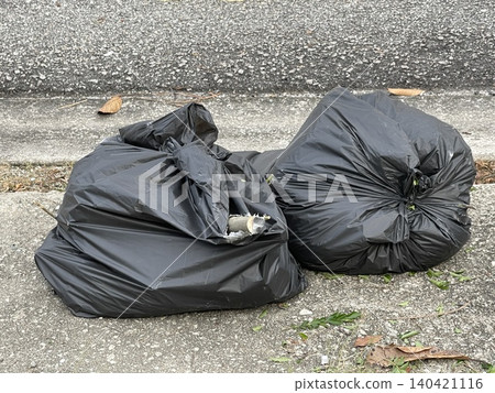 Black garbage bags filled with yard waste and trimmed branches on pavement Black garbage bags filled with yard waste and trimmed branches on pavement 140421116