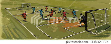 Footballer playing at the field hand drawn style with scratches and stains texture Footballer playing at the field hand drawn style with scratches and stains texture 140421123