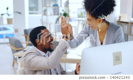 Excited, business people and high five with computer at office for team success or achievement. Happy man and woman employee or colleagues touching hands for winning, promotion or deal at workplace Excited, business people and high five with computer at office for team success or achievement. Happy man and woman employee or colleagues touching hands for winning, promotion or deal at workplace 140421243