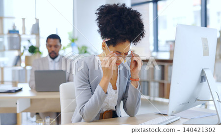 Woman, headache and stress with computer at office in burnout, anxiety or mental health by desk. Frustrated female person or employee with migraine, strain or pressure in fatigue or pain at workplace Woman, headache and stress with computer at office in burnout, anxiety or mental health by desk. Frustrated female person or employee with migraine, strain or pressure in fatigue or pain at workplace 140421302