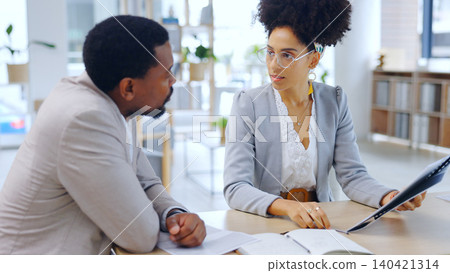 Meeting, discussion and business people in office with documents for project, review and finance report. Teamwork, collaboration and man and woman with paperwork, feedback and consulting in workplace Meeting, discussion and business people in office with documents for project, review and finance report. Teamwork, collaboration and man and woman with paperwork, feedback and consulting in workplace 140421314