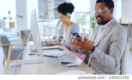 Business people, technology and message on cellphone in modern office and professional for networking at work. Developer, man and scroll for online research or email, social media and woman on laptop 140421340