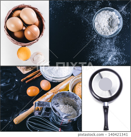 Baking process with eggs, flour, and tools in a kitchen setting 140421341