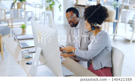 Business people, consultant and call center with documents, headphones or policy at office. Businessman or woman working together in agency with paperwork for online advice or legal help at workplace Business people, consultant and call center with documents, headphones or policy at office. Businessman or woman working together in agency with paperwork for online advice or legal help at workplace 140421389