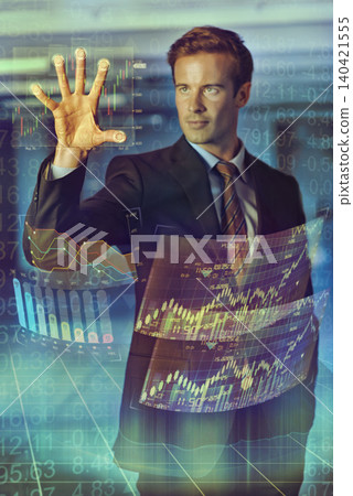 Businessman, trading and hologram with future display of digital interface or corporate growth. Person, stock market and data graphs for presentation with user experience or information technology. Businessman, trading and hologram with future display of digital interface or corporate growth. Person, stock market and data graphs for presentation with user experience or information technology. 140421555