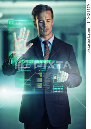 Businessman, online and glass with security hologram of futuristic biometrics and information technology. Male person, user experience and digital interface for corporate company with hand scan tech Businessman, online and glass with security hologram of futuristic biometrics and information technology. Male person, user experience and digital interface for corporate company with hand scan tech 140421579
