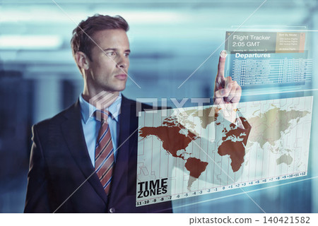Businessman, flight and hologram with global display of digital interface or travel and future. Male person, online and software database for departures with user experience or information technology Businessman, flight and hologram with global display of digital interface or travel and future. Male person, online and software database for departures with user experience or information technology 140421582
