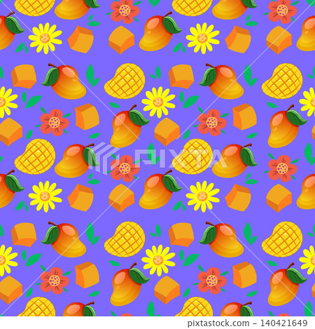 Seamless Vector Pattern with Mango Fruits and Tropical Flowers Seamless Vector Pattern with Mango Fruits and Tropical Flowers 140421649