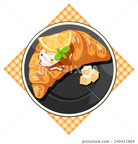 Croissant with Orange Slice and Butter on Black Plate Croissant with Orange Slice and Butter on Black Plate 140421664