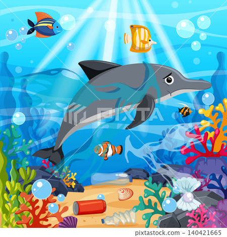 Dolphin Trapped in Plastic Waste Near Coral Reef Illustration 140421665