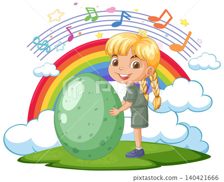 Cartoon Girl Holding Large Green Egg with Rainbow and Music Notes 140421666