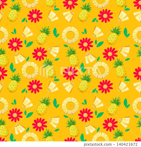 Seamless Tropical Pattern with Pineapples and Red Flowers on Yellow 140421672