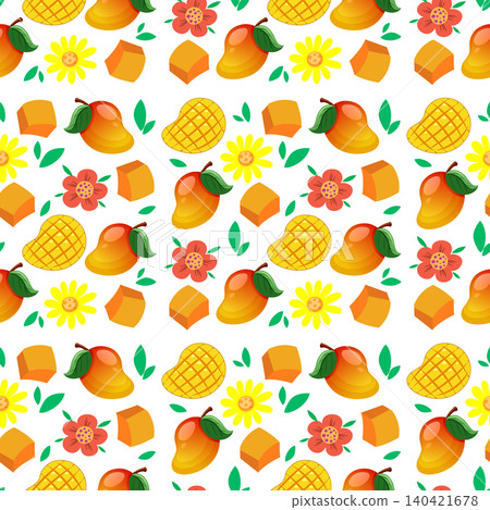 Seamless Vector Pattern with Ripe Mangoes and Tropical Flowers Seamless Vector Pattern with Ripe Mangoes and Tropical Flowers 140421678