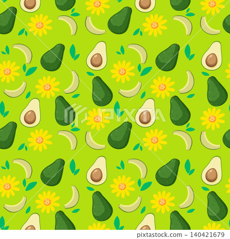 Seamless Vector Pattern with Avocado Halves and Yellow Flowers Seamless Vector Pattern with Avocado Halves and Yellow Flowers 140421679