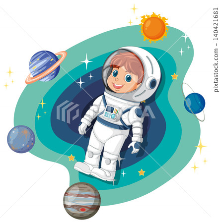 Cartoon Boy Astronaut Floating in Space with Planets and Stars 140421681