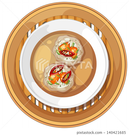 Vector Illustration of Asian Dumplings in Bamboo Steamer 140421685