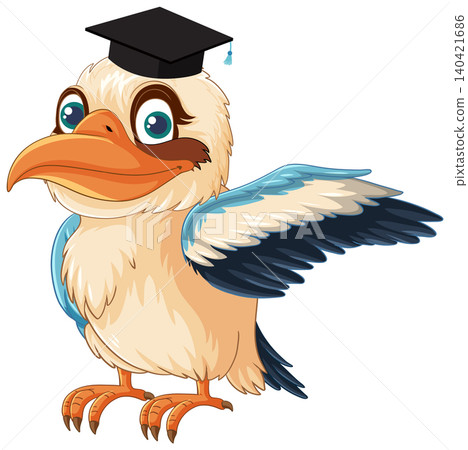 Cartoon Kookaburra Bird Wearing Graduation Cap and Pointing with Wing Cartoon Kookaburra Bird Wearing Graduation Cap and Pointing with Wing 140421686