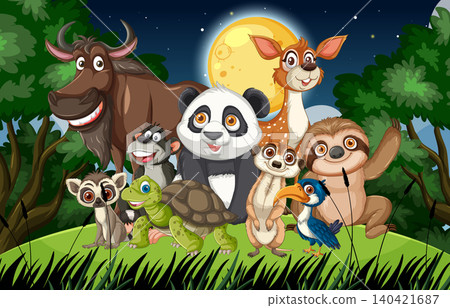 Group of Cartoon Forest Animals Under Full Moon at Night 140421687