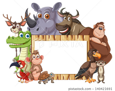 Cartoon Jungle Animals Surrounding Wooden Blank Sign Frame Cartoon Jungle Animals Surrounding Wooden Blank Sign Frame 140421691