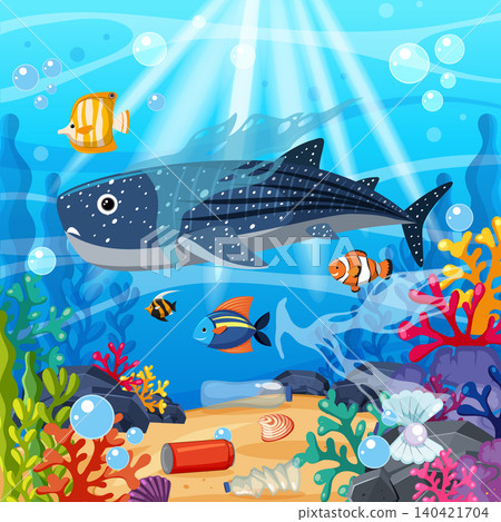Whale Shark and Tropical Fish Swimming in Polluted Coral Reef 140421704