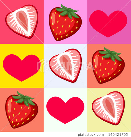 Seamless Vector Pattern with Strawberries and Hearts in Grid Layout Seamless Vector Pattern with Strawberries and Hearts in Grid Layout 140421705